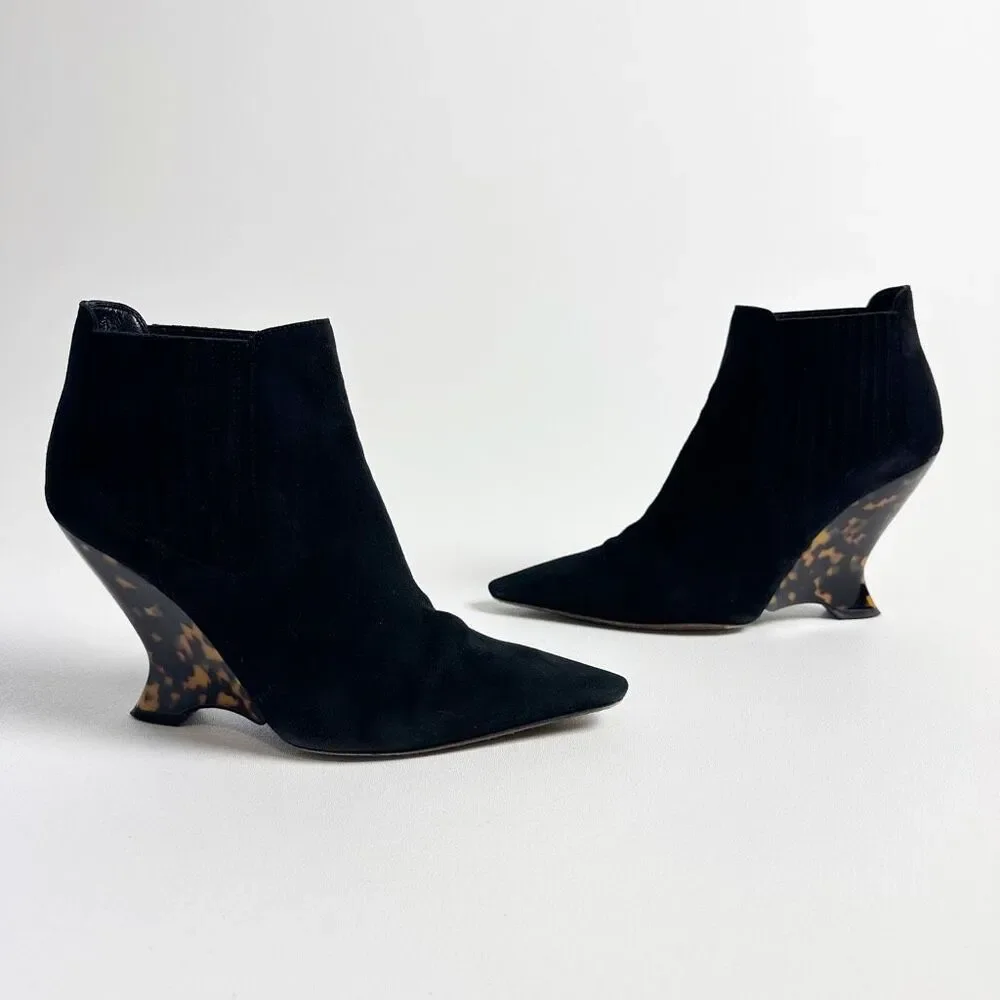 DIOR Optic-D Black Suede Chelsea Ankle Boot 37.5 Sculpted Tortoiseshell Wedge